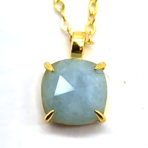 Collier Argent Plaqué or et Aigue Marine Carrée de 10x10mm