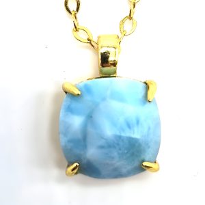 Collier Argent Plaqué Or et Larimar Carrée de 10x10mm