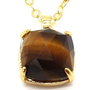 Collier Argent Plaqué Or et Oeil de tigre Carrée de 10x10mm