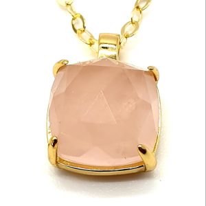 Collier Argent Plaqué Or et Quartz Rose Carrée de 10x10mm
